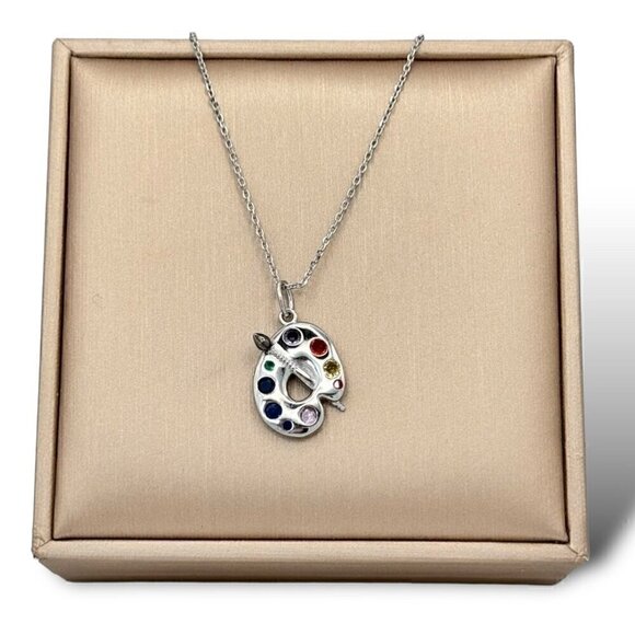 NWT S925 Sterling Silver Stamped Artist Palette Pendant Necklace 18" - Picture 5 of 9